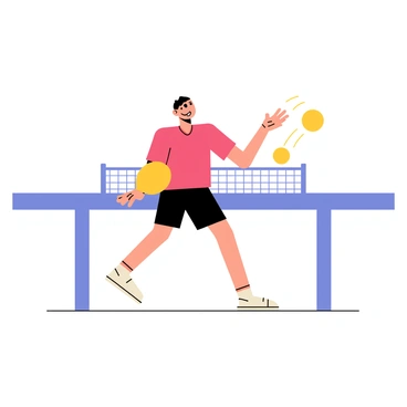 A table tennis player in action, positioned in a dynamic stance. The player is wearing a red shirt and black shorts, with a focused expression on their face. The paddle is held at an angle, with the ball just leaving the surface of the paddle. The ball is a bright yellow color, spinning through the air with a trail of motion lines behind it. The background features a blue table tennis table and a net, enhancing the context of the scene.