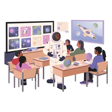 An astronaut stands at the front of a classroom, discussing "space exploration." The astronaut is wearing a white spacesuit with patches, including the NASA logo and a name tag. The classroom is filled with wooden desks and colorful educational posters on the walls about planets and stars. Students are sitting at the desks, attentively listening, some taking notes on notepads. A large screen behind the astronaut displays images of rockets and galaxies. There are a few models of spacecraft on a shelf to the side, and a globe of Earth is placed on one of the desks. A window shows a clear blue sky outside.