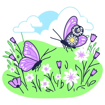 A sunny meadow is filled with vibrant flowers and lush green grass. In this meadow, several butterflies are fluttering gracefully. Each butterfly has intricate clockwork wings that showcase detailed gears and mechanisms, providing a striking contrast to their natural forms. The wings are partially open, revealing the complexity of the design. The sunlight glimmers on the metallic surfaces of the wings, creating a dazzling effect as the butterflies move from flower to flower. In the background, soft hills and a clear blue sky complete the idyllic scene.