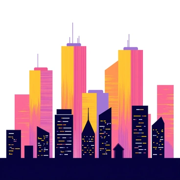 A city skyline at dusk featuring tall skyscrapers with vibrant hues of orange, pink, and purple reflecting off their glass windows. The setting sun casts a warm glow over the buildings, creating an illuminated effect. Silhouettes of various architectural designs can be seen, with some buildings topped with antennas. The sky transitions from bright to dark, dotted with a few early stars. The city appears bustling, with tiny lights beginning to flicker on in the windows of the structures.