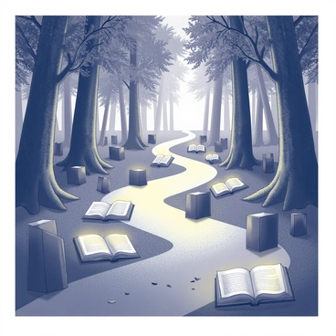 A winding path through a dense forest. The path is bordered by numerous books, each one standing upright on the ground. Each book emits a soft, warm light, illuminating the surrounding area as if they were lanterns. The trees tower overhead, their leaves creating a canopy above, while the ground is covered with a layer of fallen leaves and small twigs. The light from the books casts gentle shadows, creating a magical, inviting atmosphere along the path.