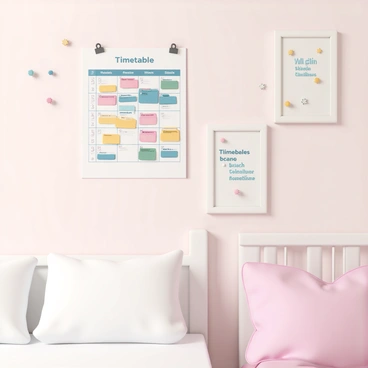 A bedroom wall with a colorful exam timetable pinned to it. The timetable has bright sections for different subjects, including mathematics, science, and literature, each with unique colors and clear headings. The wall is painted a soft pastel shade, and there are small, decorative pins holding the timetable in place. Nearby, there are motivational quotes in framed prints, and a neatly made bed can be seen in the background, adding to the organized atmosphere of the room.