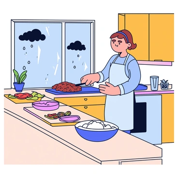 A cozy kitchen with warm wooden cabinets and a tiled floor. A person is standing at the stove, carefully cooking "moo deng," a dish featuring marinated barbecued pork. The person is wearing a light blue apron and is focused on flipping the meat. Large windows reveal raindrops streaming down the glass, with dark clouds visible outside. A few potted herbs are placed on the windowsill, adding greenery to the scene. On the countertop, there is a cutting board with sliced vegetables and a bowl of rice ready to serve.