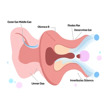 An illustration of the human ear showcasing the three main components: the outer ear, middle ear, and inner ear. The outer ear is depicted with a visible pinna and ear canal leading to the middle ear. Inside the middle ear, the depiction includes the eardrum and three small bones known as the ossicles. The inner ear is represented with the cochlea and vestibular system, highlighting their intricate structures. Each part is labeled clearly with "Outer Ear," "Middle Ear," and "Inner Ear" to clarify the distinctions. The overall color palette consists of gradient pastel colors enhancing the visual appeal of the anatomical components.