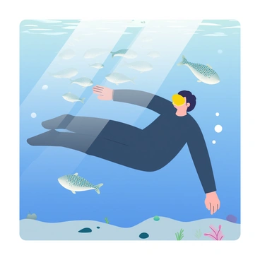 A diver with a dark wetsuit and a bright yellow diving mask is submerged in the clear blue ocean. The diver has short black hair and is gracefully positioned, gliding through the water. Surrounding the diver is a swirling school of small silver fish, their scales gleaming as they reflect light. The fish move in synchronized patterns, creating a dynamic and vibrant spectacle. Sunlight filters down from the surface, illuminating the scene with a soft glow and casting gentle ripples on the ocean floor below, which is scattered with small rocks and coral fragments.