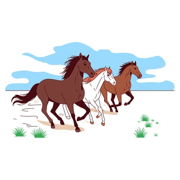A group of wild horses galloping swiftly across a vast plain. The horses are a mix of colors, showcasing their majestic manes flowing in the wind. In the foreground, a dark brown stallion leads the charge, with its powerful legs kicking up dust behind. Trailing closely are a white mare and a chestnut horse, their hooves pounding the earth in unison. The plain stretches out wide, with tufts of green grass swaying gently in the breeze under a bright blue sky. The scene captures the wild energy and freedom of the horses as they run together.