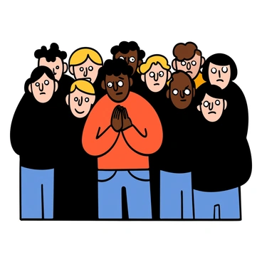 A crowd of people with light skin and dark clothing, standing closely together with "empty, hollow eyes" that appear vacant and expressionless. The crowd has a variety of hairstyles and heights, creating a diverse group. In the center, there is an anxious individual with medium skin, short curly hair, and wide eyes. This individual is wearing a bright red shirt and jeans, with their hands clasped tightly in front of them. Their facial expression shows worry, and they are slightly leaning back, creating a sense of tension and unease in the scene.