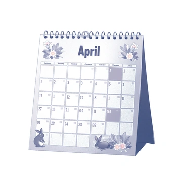 A calendar page displaying the month of "April." The calendar has a grid layout, with each day clearly marked in separate boxes. The top of the page features the name "April" prominently displayed. Surrounding the grid are various illustrated elements, such as blooming flowers, trees with budding leaves, and small animals like rabbits or birds, all represented in a monochrome style. Each day has a number, and the weekends are perhaps slightly highlighted. The overall composition is organized, with a clear focus on the month itself and its seasonal themes.
