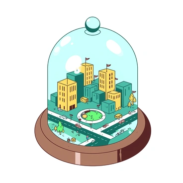 A transparent cloche sits atop a wooden base, encasing a detailed miniature cityscape. Inside the cloche, there are tiny buildings of various shapes and sizes, painted in shades of yellow and teal. The buildings are adorned with small windows and doors, and some have little flags on top. Intricate streets weave through the city, with miniature vehicles parked along the sides and tiny people walking about. At the center, there is a small park with a green area and tiny benches, creating a vibrant urban scene under the protective cloche.