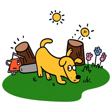 A playful dog with a golden coat and big eyes is happily exploring a grassy yard. The dog is sniffing the ground and wagging its tail energetically. In the background, there are freshly cut tree branches and sawdust scattered around, indicating that a chainsaw has just been used. The sun is shining, and there are a few colorful flowers in bloom nearby, adding a cheerful touch to the scene.