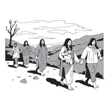 A group of Native American families is walking in a harsh landscape. The landscape features rugged hills and barren trees with a cloudy sky above. Each family member carries belongings tied in blankets, and some have children in their arms. The expressions on their faces convey resilience and determination. The ground is uneven and rocky, highlighting the difficulty of their journey. In the distance, a faint outline of mountains can be seen against the sky.