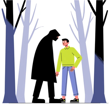 A shadowy figure wearing a dark cloak stands among tall, thin trees in a misty forest. The figure leans slightly forward, their mouth close to the ear of a surprised victim. The victim has wide eyes and a look of confusion on their face, dressed in casual clothing. Wisps of gray mist swirl around them, partially obscuring the ground and creating an eerie atmosphere. The light filtering through the trees casts soft shadows, enhancing the mysterious mood of the scene.