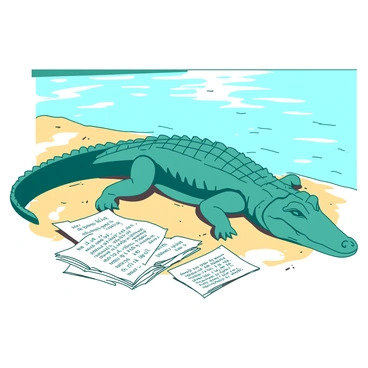 A teal crocodile is basking on a sunlit riverbank, its scales glistening in the sunlight. Nearby, on the sandy ground, there are several aged sheets of paper with "ancient crossword clues" partially filled in. The crocodile is resting with its eyes half-closed, and in the background, the gentle flow of the river can be seen reflecting the sunlight. The scene is peaceful, with a hint of intrigue from the cryptic crossword clues lying close by.