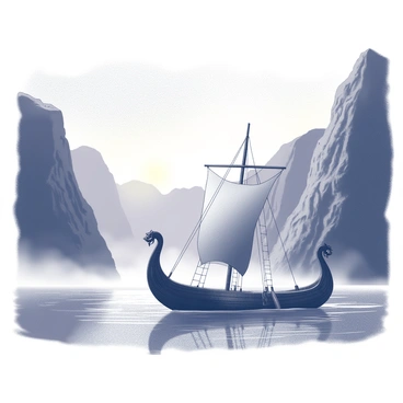 A Viking longship is cutting through the calm waters of a fjord. The ship has a curved prow adorned with a dragon figurehead, and its sail is furled while the oars extend from the sides, suggesting movement. Surrounding the ship, tall cliffs rise dramatically, their rugged surfaces partially obscured by mist. The mist hangs low over the water, creating a mysterious atmosphere. The dawn sky above is transitioning from dark to light, with soft gradients indicating the early morning hour. The water reflects the silhouettes of the cliffs and the ship, enhancing the tranquil yet imposing scene.