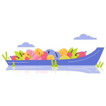 A canal barge with a long, narrow body painted in a bright blue color. The side of the barge features vibrant graffiti artwork, showcasing various colorful shapes and abstract designs. The barge is floating on calm water, reflecting the colorful artwork above. Surrounding the barge, there are green waterside plants and a few scattered flowers. In the background, a clear blue sky adds to the lively atmosphere of the scene.