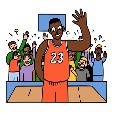 A close-up of a light-skinned man with big eyes and short black hair, wearing a red basketball jersey with "23" on it. He is smiling and waving to a crowd of fans in the background, who are cheering with excitement. The man is standing on a basketball court, with a polished wooden floor beneath him and a scoreboard visible in the background. His expression conveys gratitude and happiness as he acknowledges the support of his fans during his final game appearance.