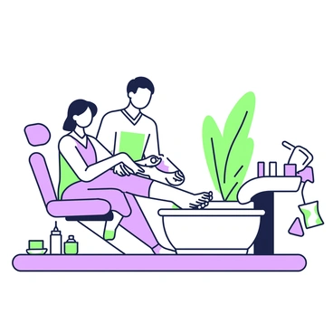 A spa scene is set with soft lighting and calming decor. In the center, a professional is gently giving a pedicure to a client seated in an ergonomic chair. The client has their feet resting in a foot bath filled with warm water, surrounded by candles. The professional is using a small tool to carefully tend to the client's toenails. On a nearby table, there are spa products such as lotion and nail polish. A soothing plant is positioned in the background, enhancing the tranquil atmosphere.