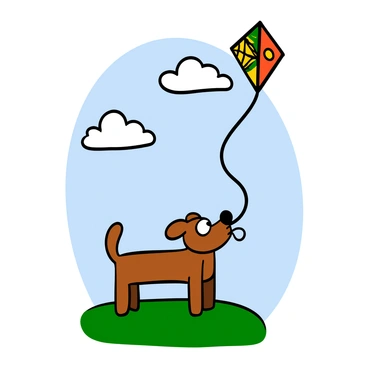 A dog with light brown fur and floppy ears is standing on a grassy field, holding the string of a colorful kite in its mouth. The kite is soaring high in the blue sky, decorated with bright patterns of red, yellow, and green. The dog's tail is wagging enthusiastically, and its eyes are wide with excitement. In the background, there are a few fluffy white clouds scattered across the sky, and the sun is shining brightly, illuminating the scene.