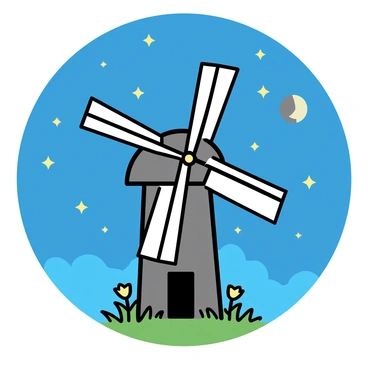 A tall windmill stands against a night sky, illuminated by soft moonlight. The windmill features a wooden structure with large, white sails, gently catching the light. Above, the sky is filled with numerous stars, twinkling brightly in a deep blue backdrop, creating a serene atmosphere. The ground surrounding the windmill is grassy, with a few wildflowers visible, subtly lit by the moon.