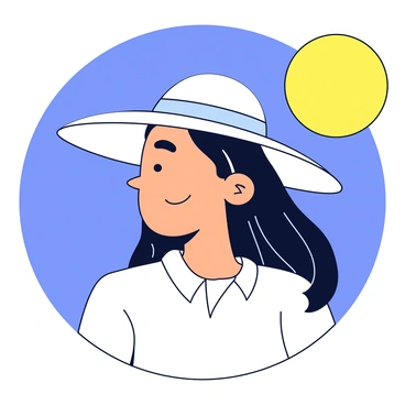 A profile of a woman with long, flowing hair. She is wearing a wide-brimmed hat that casts a shadow over her face. The background features a bright sun shining in a clear blue sky. The scene conveys a sense of warmth and light. The woman's features are softly outlined, and her hat is a solid color, contrasting with the blue of the sky.