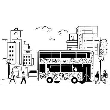 A double-decker bus is parked on a busy city street. The bus is covered in intricate graffiti designs with various shapes and patterns. The surrounding urban environment includes tall buildings, street lamps, and other vehicles. A few pedestrians walk by, some glancing at the bus, while others are engaged in conversation. The cityscape is filled with details such as windows, signs, and trees lining the street. The sky is clear with a few clouds scattered above.