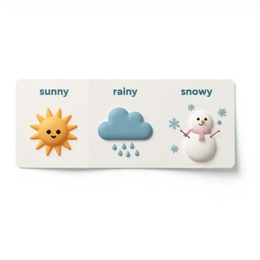 A flashcard featuring a clear and vibrant illustration of various weather types. On the left side of the card, there is a bright yellow sun with a smiling face, representing "sunny" weather. Next to it, a cloud with raindrops falling underneath represents "rainy" weather, with droplets clearly visible. On the right, a snowman made of three snowballs with a carrot nose and a scarf symbolizes "snowy" weather, surrounded by falling snowflakes. Each weather type is labeled with its respective name in bold letters above the illustrations.
