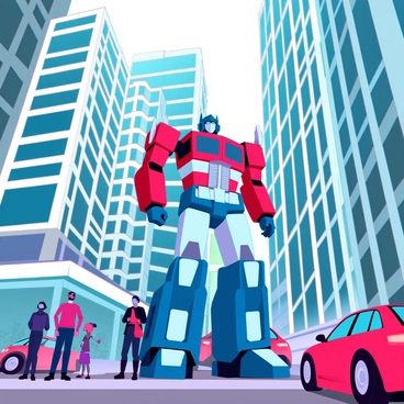 Optimus Prime, a large and imposing robot with a blue and red exterior, is parked on a busy street in a vibrant urban environment. The skyscrapers around him tower above, their glass and steel facades reflecting the sunlight. Below, cars and pedestrians move through the bustling streets, with people wearing modern clothing and carrying bags. Some onlookers gaze up in awe at Optimus Prime, while others continue with their daily routines. The sky is clear, enhancing the lively atmosphere of the city scene.