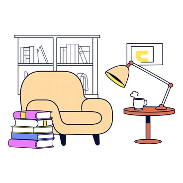 A cozy library corner featuring a large, cushioned armchair in a soft beige fabric. Next to the chair, there are several neatly stacked books in colorful covers, creating a small tower of literature. A round, wooden side table is positioned beside the chair, holding a steaming cup of tea. A warm light source, like a small lamp with a simple shade, illuminates the space, casting gentle shadows around the corner. In the background, there are shelves filled with books, with a few framed pictures displayed on the walls.