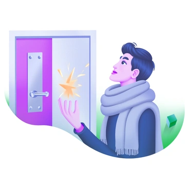 A person wearing a wool scarf, showing sparks of static as they touch a metal door handle