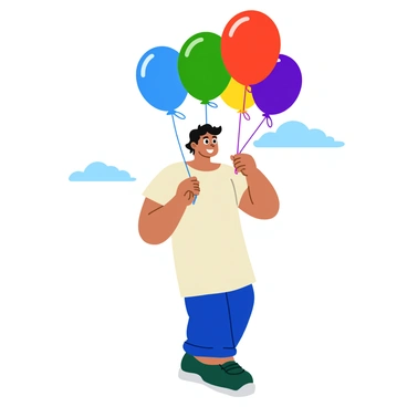 A giant holding a bunch of colorful balloons, floating slightly off the ground