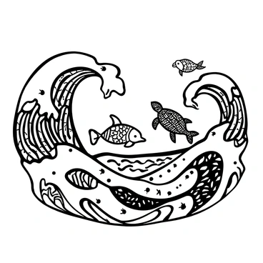 An ocean scene depicting large waves crashing against each other, with detailed patterns reminiscent of intricate mehendi designs clearly visible on the waves. Several sea creatures such as a dolphin and a sea turtle swim gracefully among the rolling waves. The dolphin has elaborate patterns etched into its body, resembling mehendi art, while the sea turtle exhibits similar detailed designs on its shell. The overall composition captures the dynamic movement of the water alongside the beautifully adorned sea life.