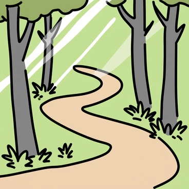 A winding pathway, composed of earthy brown soil, meanders through a dense forest filled with tall green trees. Sunlight filters through the leaves, creating dappled patterns of light and shadow on the ground. Ferns and small bushes line the sides of the path, adding splashes of green. In the background, the trunks of trees rise up, their bark displaying textures of brown and gray. The scene captures a tranquil moment in nature, illuminated by the soft glow of sunlight.