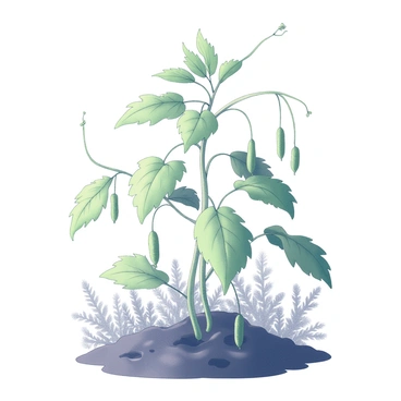 A sweet bean plant with lush green leaves and delicate tendrils is swaying gently in a light breeze. The plant is positioned upright in rich, dark soil, with several pods hanging from its branches. The background features an assortment of blurred foliage, suggesting a natural outdoor environment. The movement of the leaves indicates the gentle flow of air, adding a dynamic quality to the scene.