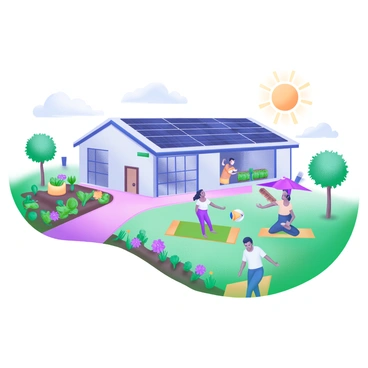 A community center with solar panels and gardens, bustling with diverse activities