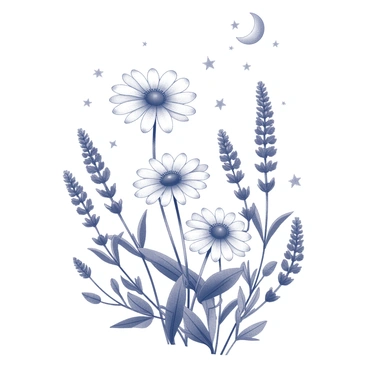 A collection of wildflowers, including daisies and lupines, appears in silhouette, showcasing intricate details of their petals and stems. The wildflowers are arranged artistically, creating a balanced composition that would serve as a tattoo design. In the background, a celestial scene features stars and a crescent moon, adding depth to the image. The overall design captures the essence of nature intertwined with cosmic elements.