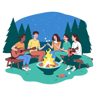 A teal fire pit is surrounded by a group of five friends, all smiling and laughing together. Each friend is seated on rustic wooden benches. One friend is holding a guitar, strumming softly while another is roasting marshmallows on a stick. The warm glow of the fire illuminates the scene, casting playful shadows on their faces. In the background, tall trees create a cozy atmosphere, and the night sky is deep blue with scattered stars. A few colorful blankets are draped over the benches, adding to the warmth of the gathering.
