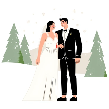 A couple in formal winter wedding attire stands together in a snowy landscape. The bride wears a white gown adorned with delicate lace details, while the groom is dressed in a classic black tuxedo. Snow gently falls around them, creating a magical atmosphere. In the background, tall evergreen trees are dusted with white snow, adding to the serene winter scenery. The couple smiles at each other, radiating joy and love on their special day.
