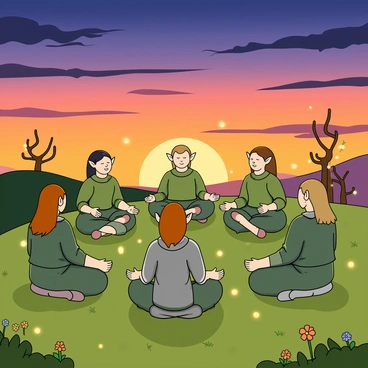 A group of five elves sitting in a circle on a grassy hilltop, their eyes closed in deep meditation. Each elf has pointed ears and is dressed in flowing tunics of green and silver. The sky above them showcases a stunning transition from the warm colors of sunset, with shades of orange and pink, to the cool hues of twilight, with deep blue and purple clouds gradually appearing. In the background, a few whimsical trees with twisted trunks and bright leaves can be seen. Small glowing orbs of light float gently around the elves, adding a magical ambiance to the scene. The hilltop is dotted with colorful flowers that sway gently in the breeze as the sun dips below the horizon.