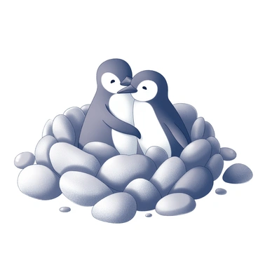A nest made of smooth pebbles, carefully arranged to create a comfortable space. Inside the nest, a pair of penguins are cuddling closely together. Their bodies are round and their feathers appear fluffy and soft. The surrounding area features more pebbles scattered around the nest, creating a natural environment. The penguins are positioned snugly, with their heads resting against each other, showcasing a gentle interaction between them.