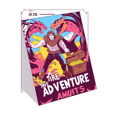A mini movie poster is displayed on a 1/2 size illustration board. The poster features bold lettering that reads "The Adventure Awaits" in vibrant colors. In the center of the poster, there is an action-packed scene with a heroic character in a dynamic pose, wearing rugged clothing and a determined expression. Surrounding the character are various elements, including a roaring dragon in the background, and a treasure chest overflowing with gold coins to one side. The overall composition conveys excitement and adventure.