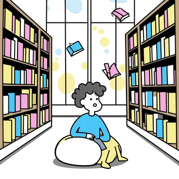 A child with curly hair is sitting on a large, plush beanbag in the center of a grand library. The library is filled with tall wooden shelves, lined with colorful books. Several books are flying around the child, their pages fluttering open as they hover in mid-air. The child is wearing a bright blue sweater and has an expression of awe on their face. Sunlight is streaming through large stained glass windows, casting colorful patterns on the floor.