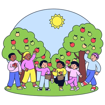 A group of children wearing colorful clothing are picking apples from trees in an orchard. The trees are full of red and green apples, with some fruit already in woven baskets at the children's feet. The sky above is clear and blue, with the sun shining brightly. The grass below is green and well-maintained, creating a pleasant environment. The children are smiling and laughing as they reach for the apples.