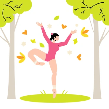 A gymnast in a vibrant pink leotard performs a dynamic routine in a grassy clearing surrounded by tall trees. The gymnast is executing a graceful split leap, with one leg extended high in the air. Animated leaves in various shades of green and orange swirl around her, forming whimsical shapes such as stars and hearts as they float through the air. The sunlight filters through the branches, casting playful shadows on the ground.