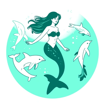 A teal mermaid with flowing hair is gracefully swimming alongside a group of white dolphins. The mermaid's shimmering tail glistens under the water, contrasting beautifully with the playful dolphins surrounding her. The dolphins leap and dive around her, creating splashes of bubbles. Sunlight filters through the water, illuminating the scene and highlighting the movement of the mermaid and dolphins.