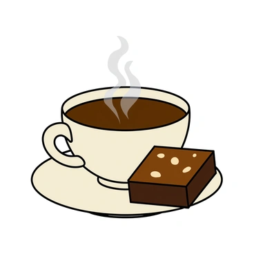 A steaming cup of coffee with a glossy brown surface, placed on a small white saucer. The cup has a delicate handle and is adorned with a simple pattern. Beside it on the saucer is a neatly cut brownie, rich and chocolatey, with a slightly shiny top and a few nuts sprinkled on top. The brownie is square-shaped and appears moist, sitting invitingly next to the coffee. A gentle swirl of steam rises from the cup, creating a warm and cozy atmosphere.