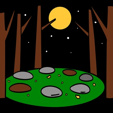A circle of smooth, round stones arranged neatly in a forest clearing. The stones vary in shades of gray and brown, their surfaces slightly worn and glistening under the bright moonlight. Tall trees surround the clearing, their dark silhouettes towering against the night sky. The moon is full, casting long, eerie shadows from the stones onto the forest floor, which is covered in soft, green moss and scattered fallen leaves. Tiny spots of moonlight peek through the branches above, illuminating the serene scene.