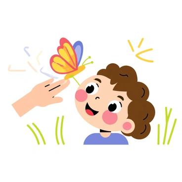 A colorful butterfly with vibrant orange, blue, and yellow wings is gently landing on the tip of a child's nose. The child has curly brown hair and is smiling with wide, curious eyes. The scene is filled with soft pastel colors and a light breeze, causing some grass to sway gently in the background. Sunlight casts a warm glow, highlighting the delicate details of the butterfly's wings and the child's joyful expression.
