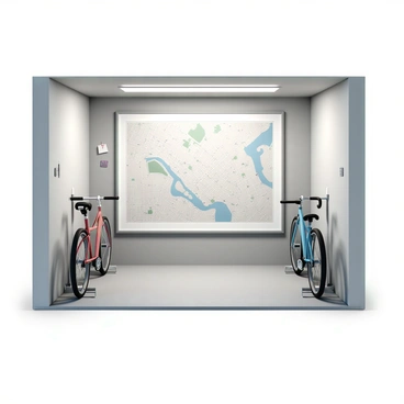 A city garage with concrete walls and a polished floor. On one side, there is a sturdy metal bike rack, holding several bicycles of various colors, including red, blue, and black. The bikes are positioned neatly, with their wheels aligned. On the opposite wall, there is a large, laminated street map, displaying the layout of the surrounding area with clearly marked streets and points of interest. The map is framed, and there are some small notes pinned around it. The ceiling has bright overhead lights illuminating the space.