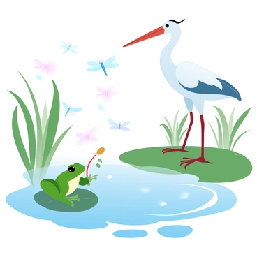 A marshy wetland is filled with lush green reeds and tall grasses swaying gently. A vibrant green frog is perched on a lily pad, stretching its tongue to catch a small insect in mid-air. Nearby, a tall stork stands gracefully on one leg, its long neck extended, observing the scene with keen interest. Several colorful dragonflies dart through the air, their wings glimmering in the light as they buzz around the wetland. Small ripples form in the water around them, reflecting the surrounding foliage.