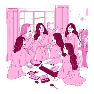A group of bridesmaids are standing together in a bright, airy room. They are all wearing matching pink robes and are engaged in joyful activities. Some bridesmaids are laughing, while others are posing for selfies, holding up their smartphones with excited expressions. Their hair is styled elegantly, and there are various makeup products scattered across a nearby vanity. Sunlight streams through a window, illuminating the scene and adding to the cheerful atmosphere. The walls are decorated with floral accents, enhancing the celebratory mood.